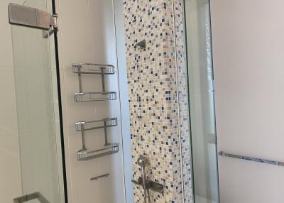 Modern bathroom with glass shower and mosaic tiles