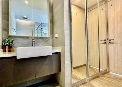 Modern bathroom with walk-in shower and contemporary vanity