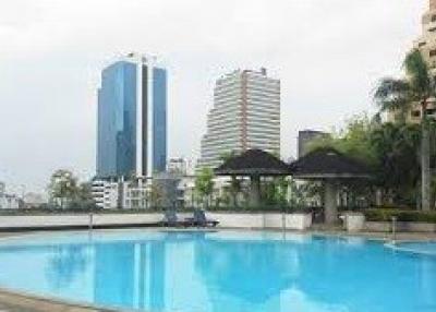 Residential building complex with a large outdoor pool and city skyline in the background