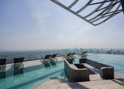 Rooftop terrace with infinity pool and city skyline view