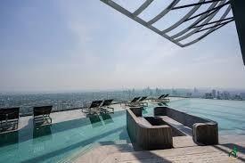 Rooftop terrace with infinity pool and city skyline view