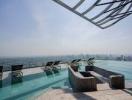 Rooftop terrace with infinity pool and city skyline view