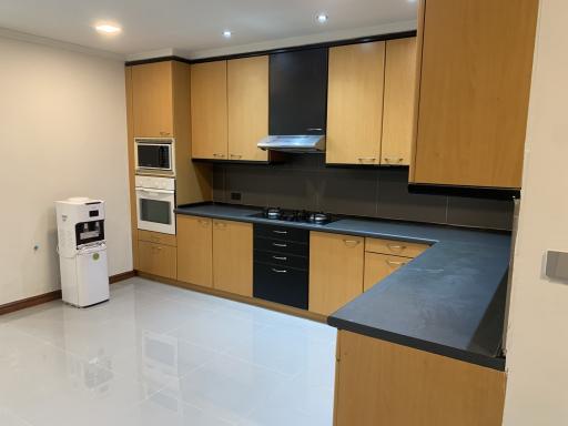 Modern kitchen with wooden cabinets and built-in appliances