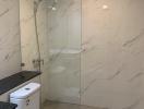 Modern bathroom with marble walls and glass shower partition