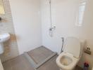 Modern bathroom with walk-in shower and white fixtures