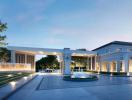 Luxurious building exterior at dusk with illuminated facade