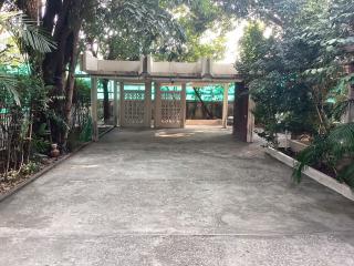 Spacious driveway leading to a gated entrance surrounded by greenery