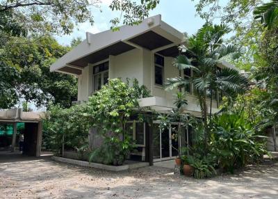 Modern two-story house surrounded by lush greenery with a clear sky