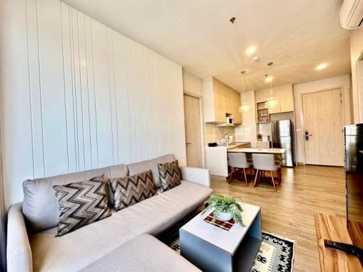 Open plan living room with connected kitchen area, modern furniture and natural light