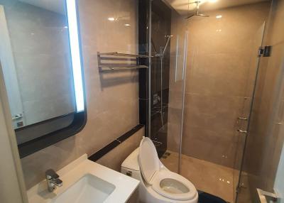 Modern bathroom interior with shower and vanity