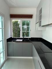 Modern kitchen with white cabinets and black countertops