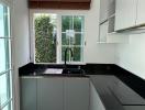 Modern kitchen with white cabinets and black countertops