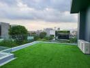 Modern rooftop garden with a view of the city skyline