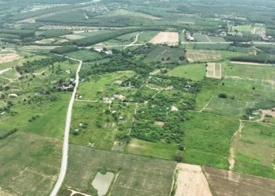 Aerial view of rural landscape with fields and road