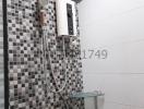 Modern bathroom with wall-mounted shower and black-and-white tiles