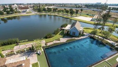 Aerial view of a luxurious house with swimming pool and pond