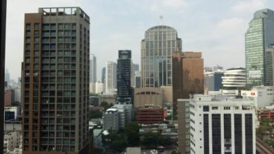 Cityscape view from an apartment window