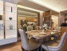 Elegant dining room with modern furniture and open concept kitchen