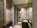 Modern bathroom with marble tiles and sleek fixtures