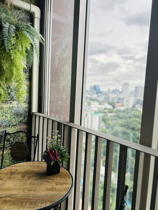 Cozy balcony with city view, featuring wooden circular table and potted plants