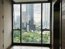 High-rise apartment interior with large window and city view