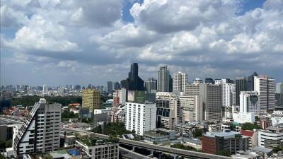 Panoramic view of a city skyline with various buildings and skyscrapers under a cloudy sky