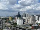 Panoramic view of a city skyline with various buildings and skyscrapers under a cloudy sky