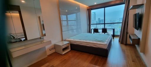 Modern bedroom with city view and ample lighting