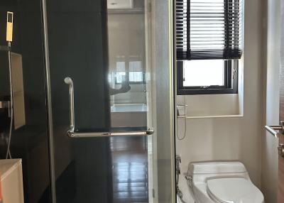 Modern bathroom interior with glass shower and window blinds