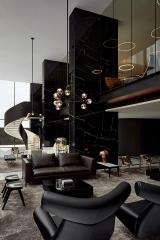 Modern living room interior with black marble walls and elegant furniture