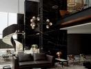 Modern living room interior with black marble walls and elegant furniture