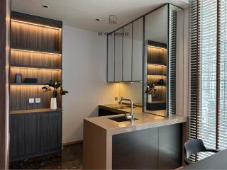 Modern kitchen with wooden shelves and large window