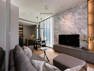 Modern living room with elegant design and marble wall
