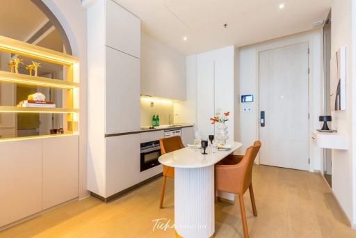 Modern kitchen with dining area in an apartment