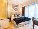 Modern bedroom with stylish interior design, plush bedding, and ample natural light