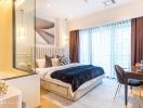 Modern styled bedroom interior with a comfortable bed, work area, and ample lighting