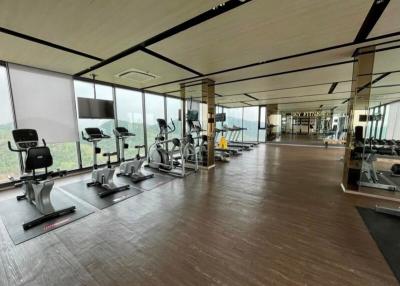 Spacious gym area with modern equipment and floor-to-ceiling windows