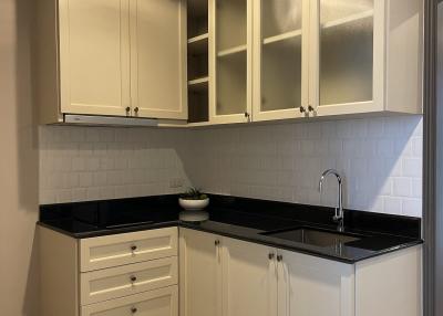 Modern kitchen interior with white cabinetry and black countertops