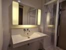 Modern bathroom interior with wall-mounted sink, mirror, and shower area