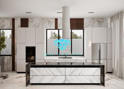 Modern kitchen interior with marble finishes and state-of-the-art appliances