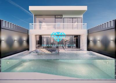 Modern luxury house with swimming pool at twilight