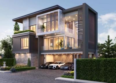 Modern two-story house with exterior lighting and parked cars