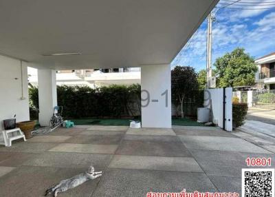 Spacious outdoor area with tiled flooring and a lounging cat