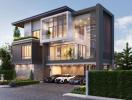 Modern two-story house at dusk with illuminated interiors, driveway, and parked cars