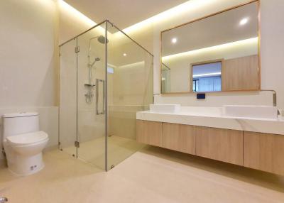 Modern bathroom with glass shower stall, large mirror, and wooden cabinetry