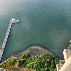 Aerial view of waterfront property with pier and natural surroundings