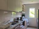 Modern kitchen with ample sunlight and stainless steel appliances