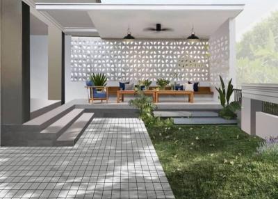 Modern outdoor patio with seating and decorative wall