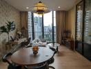 Modern living room with dining area and city view