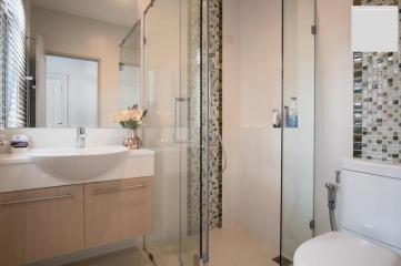 Modern bathroom with glass shower and mosaic tile accents